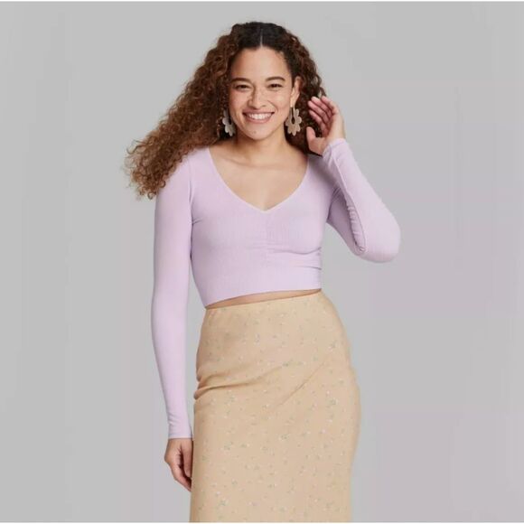 Women's Long Sleeve V-Neck Front Cinch T-Shirt - Wild Fable™ - Light Violet XXL - Picture 1 of 4